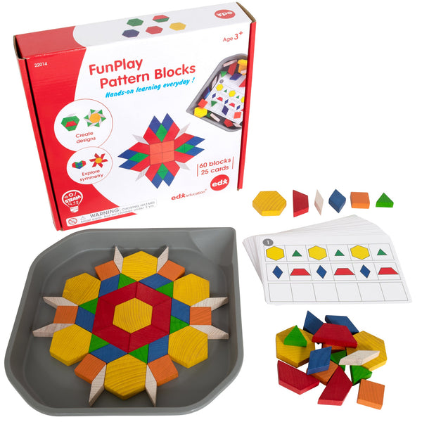 FunPlay Pattern Blocks - Homeschool Kit for Kids - Set of 60 Wooden Math Manipulatives + 50 Activities + Messy Tray