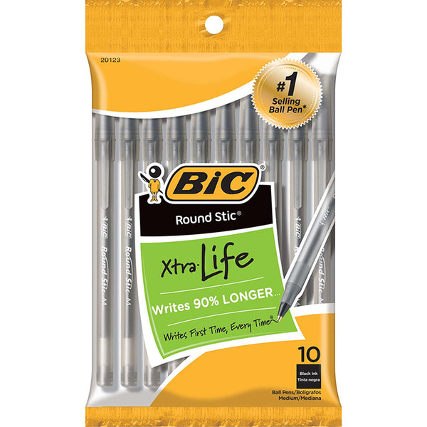 Round Stic® Xtra Life Ballpoint Pen, Medium Point (1.0mm), Black, 10 Per Pack, 6 Packs