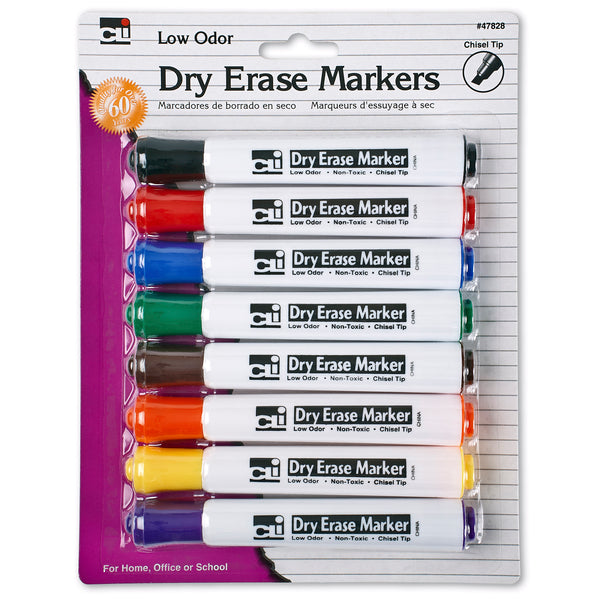 Dry Erase Markers, Barrel Style, Low Odor, Chisel Tip, Assorted Colors, 8 Per Pack, 3 Packs